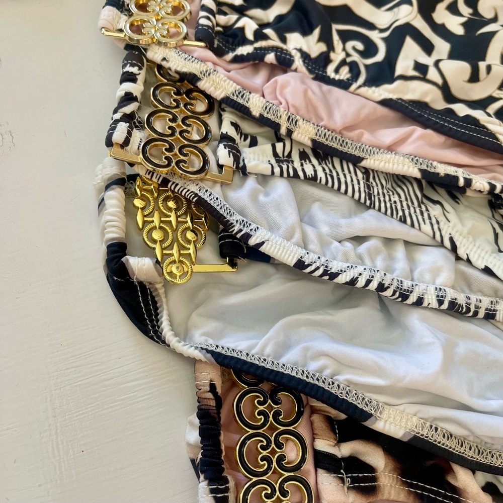 8 PIECE LOT TARA GRINNA Hipster Triangle Top Bikini Set Black Gold Animal Print - Picture 4 of 16